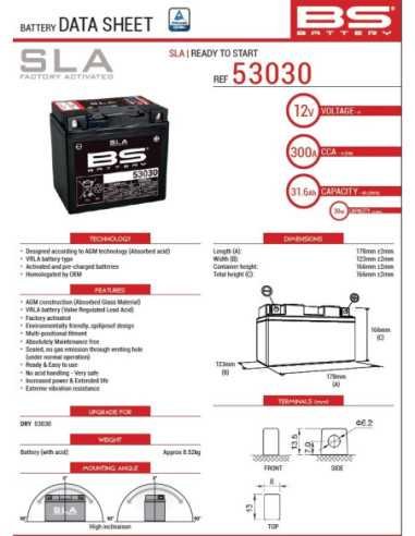 BS AKUMULIATORIUS 53030 (52515) (FA) 12V 31,6AH 178X123X166 NEAPTARNAUJAMAS - UŽPILDYTAS (300A) BMW