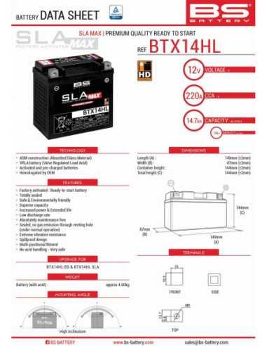 BS AKUMULIATORIUS BTX14HL MAX (FA) (YTX14L-BS) 12V 14AH 149X87X144 NEAPTARNAUJAMAS - UŽPILDYTAS (PADIDINTA STARTO SROVĖ) (220A)