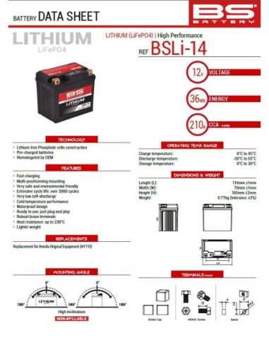 BS AKUMULIATORIUS LIČIO JONŲ SU ĮKROVOS INDIKATORIUMI LIFEPO4 BSLI-14 (114X70X105) (210A 36WH 3AH)