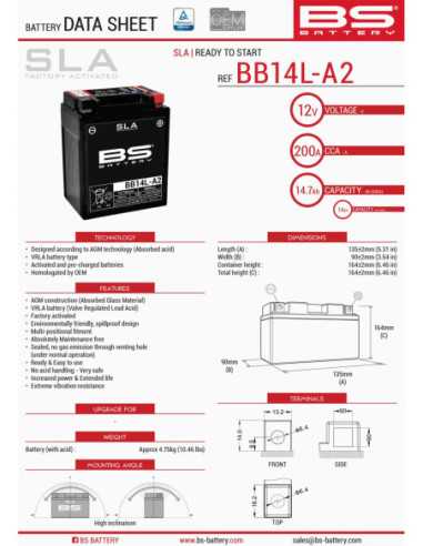 BS AKUMULIATORIUS BB14L-A2 (FA) (YB14L-A2 YB14L-B2) 12V 14AH 135X91X167 NEAPTARNAUJAMAS - UŽPILDYTAS (210A) - PAKEIČIA 300835