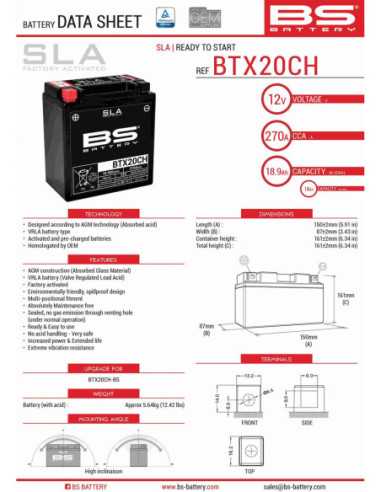 BS AKUMULIATORIUS BTX20CH (FA) (YTX20CH-BS, YTX20A-BS) 12V 18AH 150X87X161 NEAPTARNAUJAMAS - UŽPILDYTAS (270A)