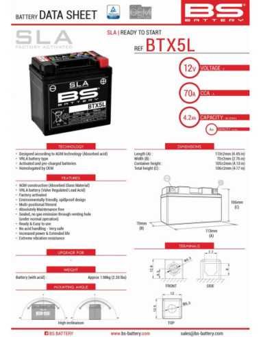 BS AKUMULIATORIUS SLA BTX5L / BTZ6S (FA) (YTX5L-BS) 12V 5.3 AH 113X70X106 NEAPTARNAUJAMAS - UŽPILDYTAS (90A)