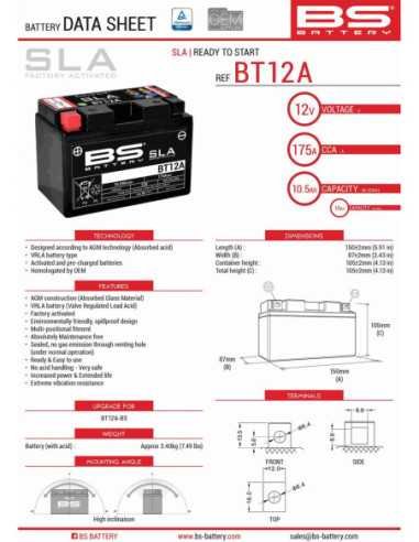 BS AKUMULIATORIUS BT12A (FA) (YT12A-BS YT12A) 152X88X106 12V 10AH NEAPTARNAUJAMAS - UŽPILDYTAS (175A)