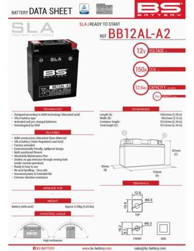 BS AKUMULIATORIUS BB12AL-A2 (FA) (YB12AL-A2) 12V 12AH 135X81X161 NEAPTARNAUJAMAS - UŽPILDYTAS (140A)