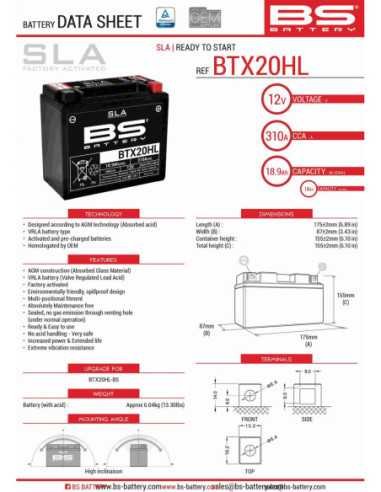 BS AKUMULIATORIUS BTX20HL (FA) (YTX20HL-BS) 12V 18AH 175X87X155 NEAPTARNAUJAMAS - UŽPILDYTAS (350A)