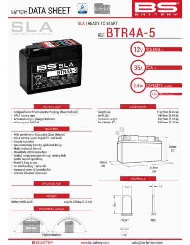 BS AKUMULIATORIUS BTR4A-5 (FA ) (YTR4A-BS) 12V 2,3AH 113X48X85X NEAPTARNAUJAMAS - UŽPILDYTAS (35A)