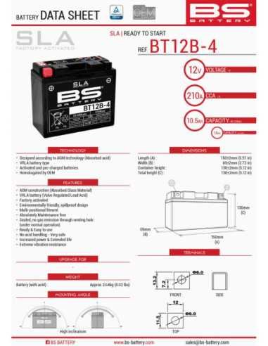 BS AKUMULIATORIUS BT12B-4 (FA) (YT12B-4) 151X70X130 12V 10AH NEAPTARNAUJAMAS - UŽPILDYTAS (175A)