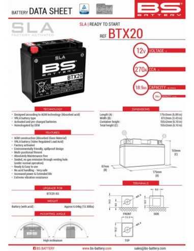 BS AKUMULIATORIUS BTX20 (FA) (YTX20-BS) 12V 18AH 175X87X155 NEAPTARNAUJAMAS - UŽPILDYTAS (270A)