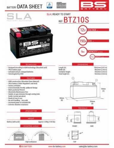 BS AKUMULIATORIUS BTZ10S (FA) (YTZ10S)12V 8,6AH 150X86X95 NEAPTARNAUJAMAS - UŽPILDYTAS (190A)