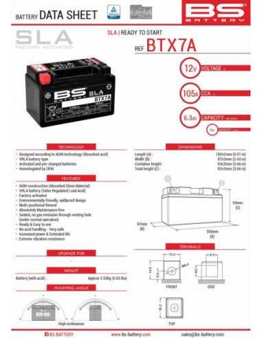 BS AKUMULIATORIUS BTX7A (FA) (YTX7A-BS) 12V 6AH 152X88X94 NEAPTARNAUJAMAS - UŽPILDYTAS (90A)