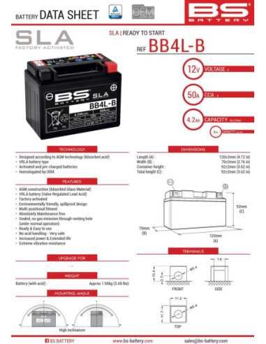 BS AKUMULIATORIUS BB4L-B (FA) (YB4L-B) 12V 4AH 120X70X92 NEAPTARNAUJAMAS - UŽPILDYTAS (50A)